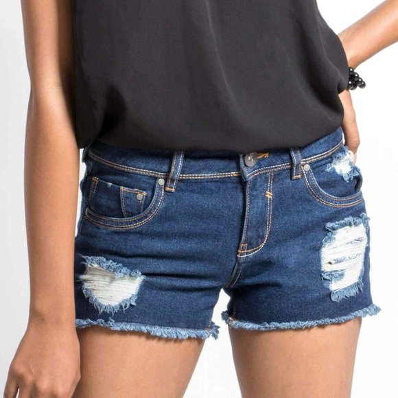 OLGYN Women’s Ripped Medium Blue Denim Shorts - Picture 3 of 4